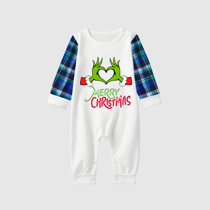 Merry Christmas 2025 Making Memories Family Pajamas Set - White Top, Blue Pants, Blue-Green Plaid Sleeves