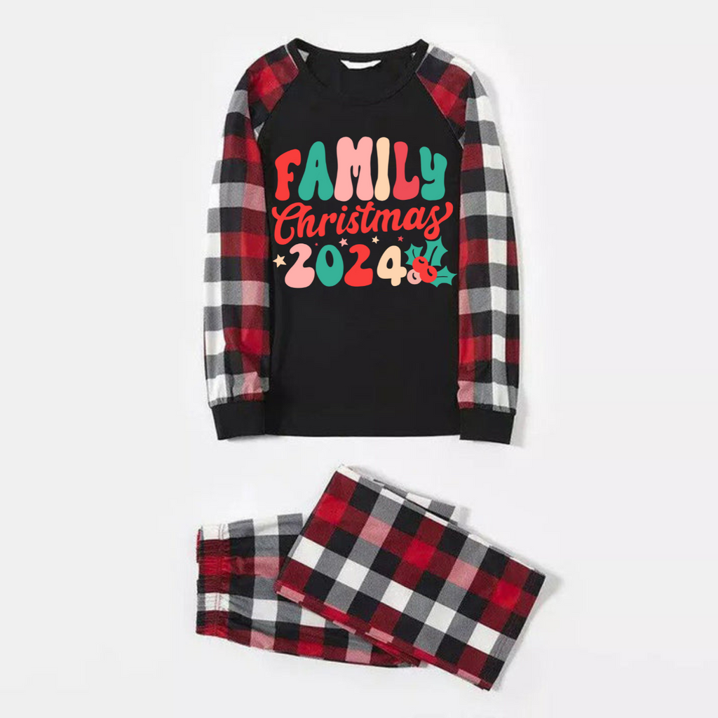 Christmas ' Family Christmas 2024' Letter Print Patterned Casual Long Sleeve Sweatshirts Contrast Tops and Red & Black & White Plaid Pants Family Matching Pajamas Set With Dog Bandana