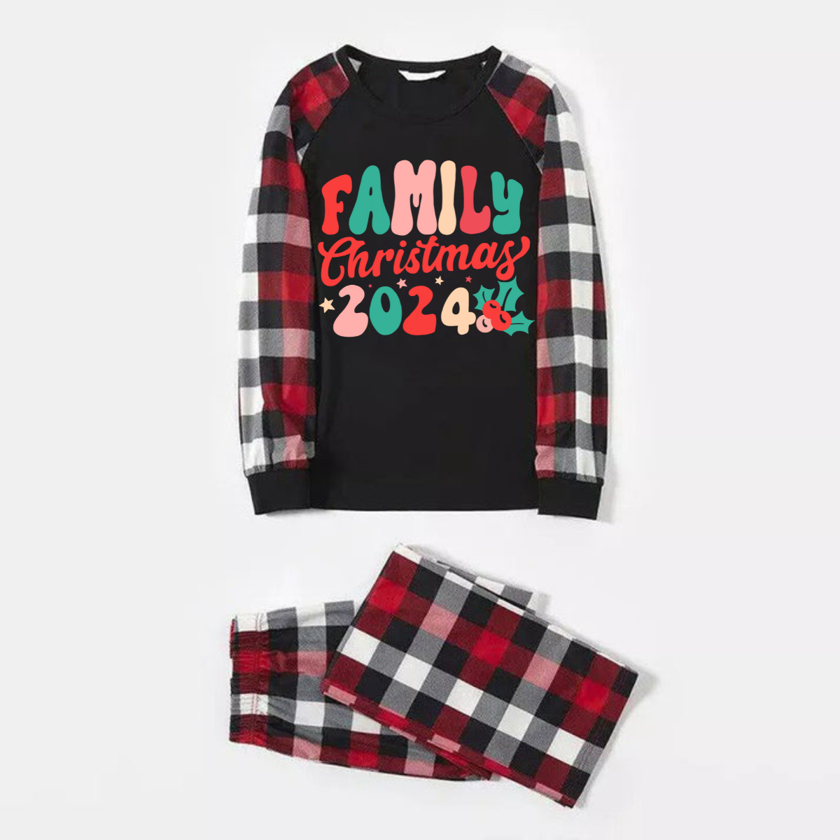 Christmas ' Family Christmas 2024' Letter Print Patterned Casual Long Sleeve Sweatshirts Contrast Tops and Red & Black & White Plaid Pants Family Matching Pajamas Set With Dog Bandana