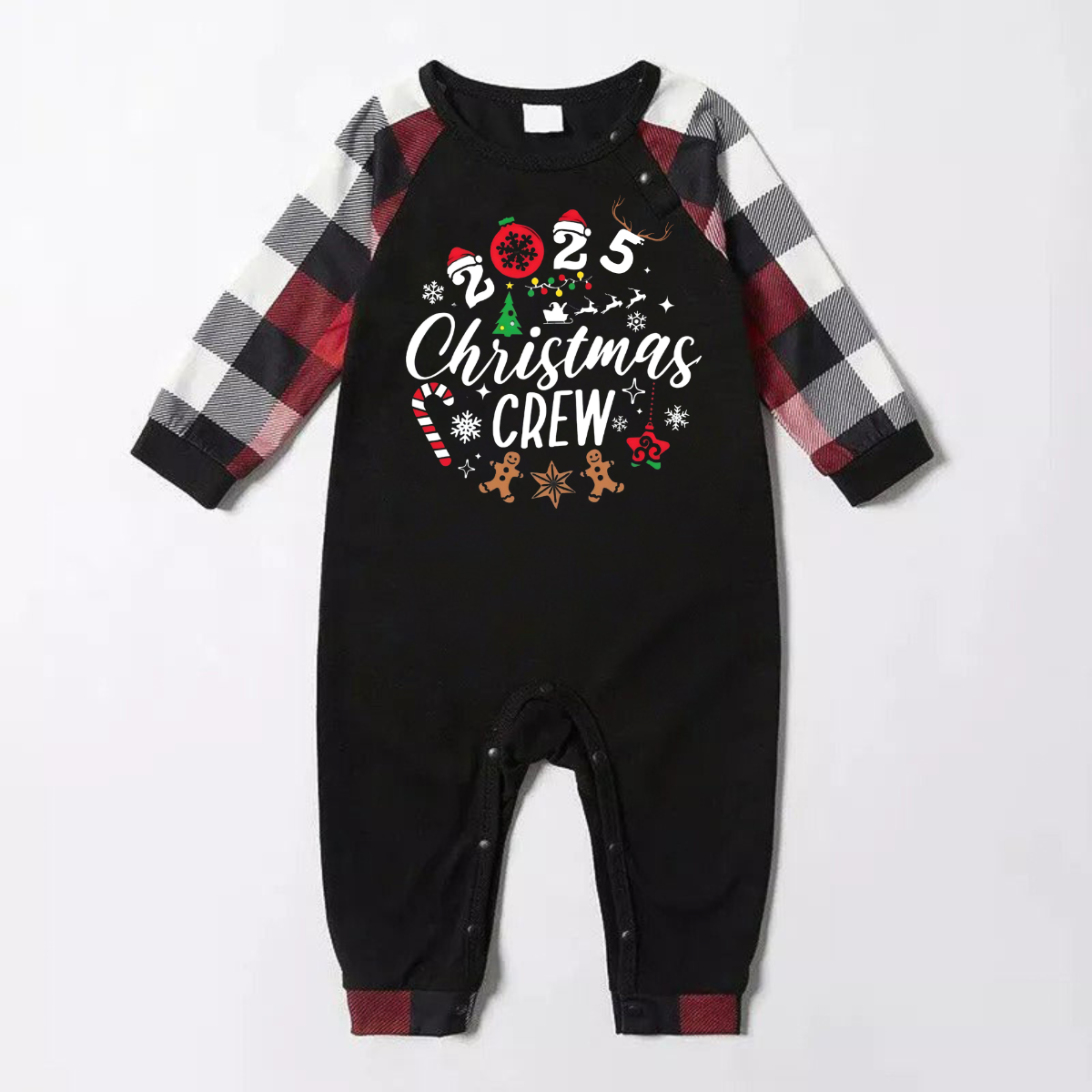 "2025 Christmas CREW " Text Printed Pattern - Black Top with Red&Black&White Plaid Sleeves - Family Matching Pajamas