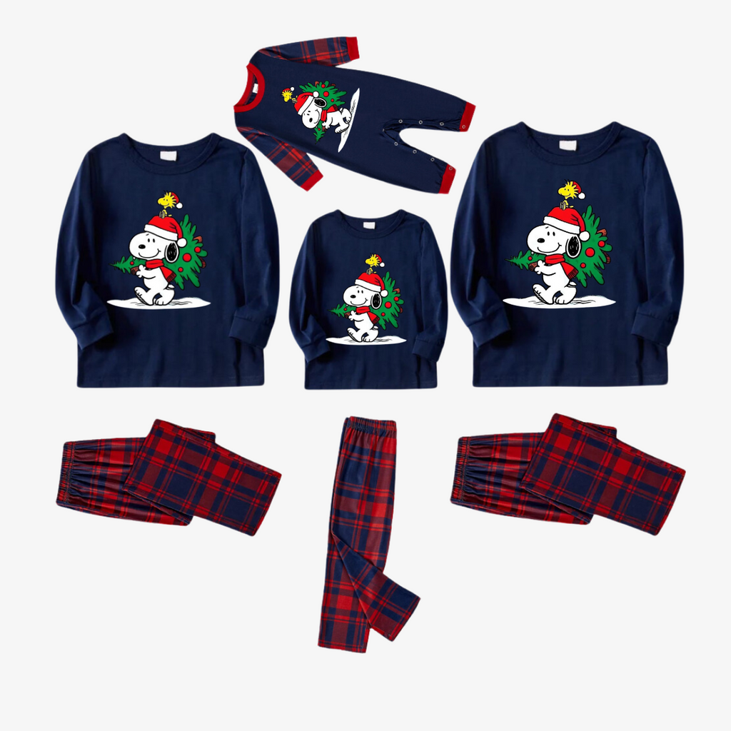 Snoopy Dog Printed Blue and Red Plaid Christmas Family Pajama Set