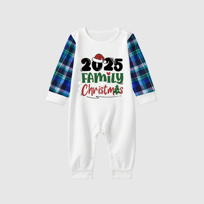 Merry Christmas 2025 Family Pajamas Set - White Top, Blue & Green Plaid Pants, Solid Blue Sleeves, Santa Hat & Christmas Tree Print