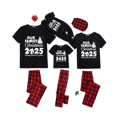Our Family Christmas 2025 Family Pajamas Set - Black Top Red Pants Red Plaid Sleeves Christmas Tree Print