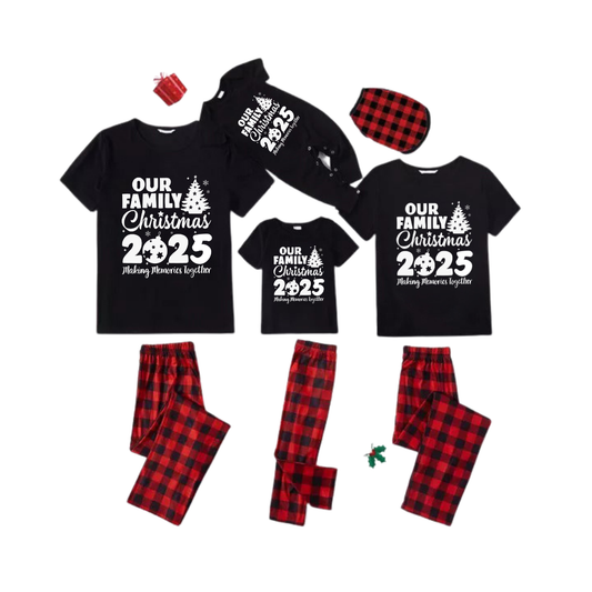 Our Family Christmas 2025 Family Pajamas Set - Black Top Red Pants Red Plaid Sleeves Christmas Tree Print