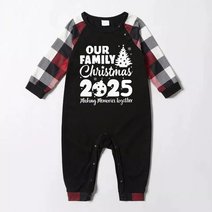 Christmas Cute Cartoon Santa Hat Patterned and '2025 FAMILY Christmas ' Letter Print Contrast Tops and Red & Black & White Plaid Pants Family Matching Pajamas Set With Dog Bandana