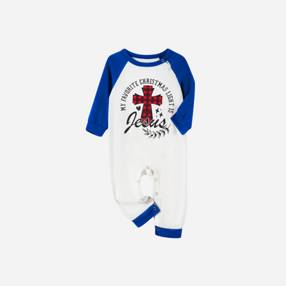 My Favorite Christmas Light Is Jesus Family Christmas Pajamas Set - White Top with Blue Sleeves and Blue Plaid Pants
