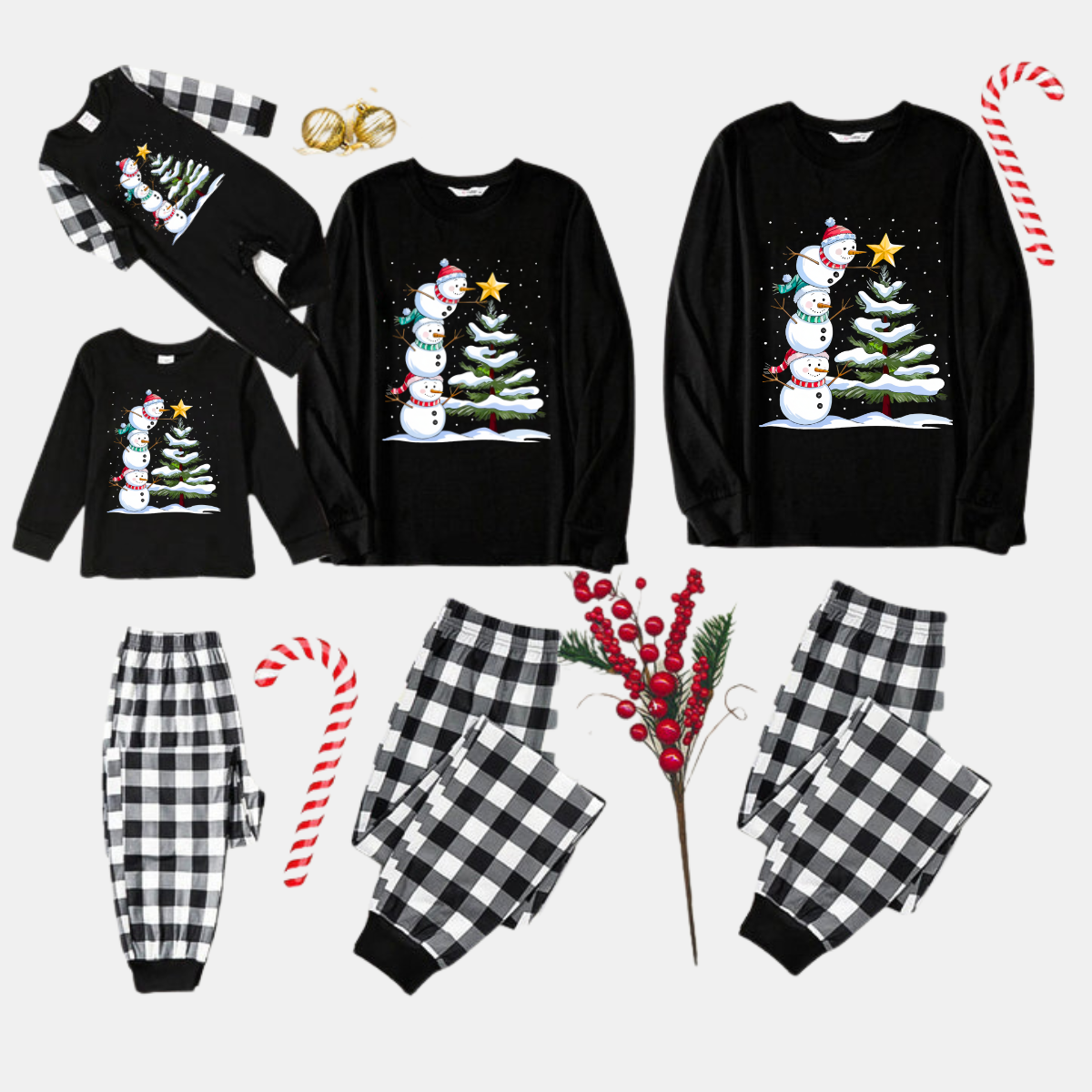 Black and White Plaid Christmas Pajamas Set with Snowman & Christmas Tree Print