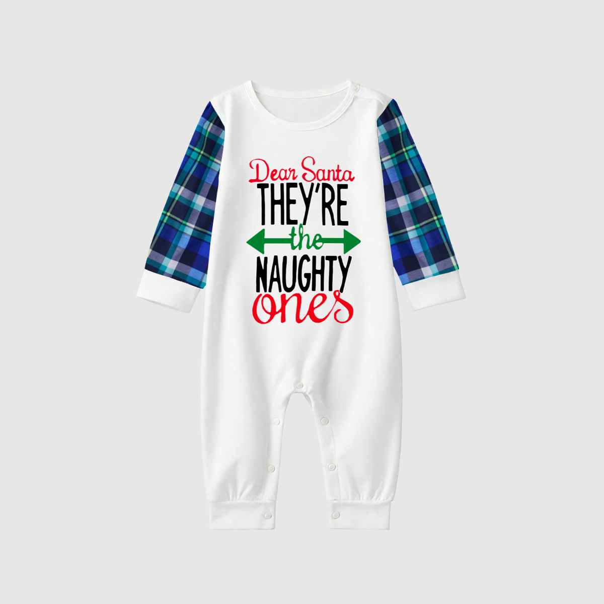 Dear Santa Naughty Ones Family Pajamas Set - White Top, Blue Plaid Pants, Plaid Sleeves