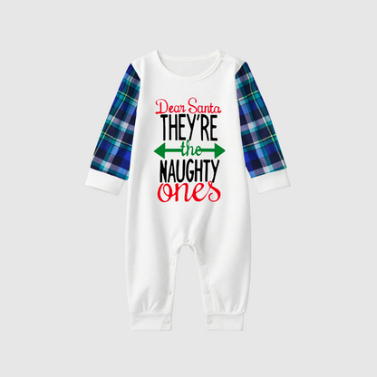 Dear Santa Naughty Ones Family Pajamas Set - White Top, Blue Plaid Pants, Plaid Sleeves