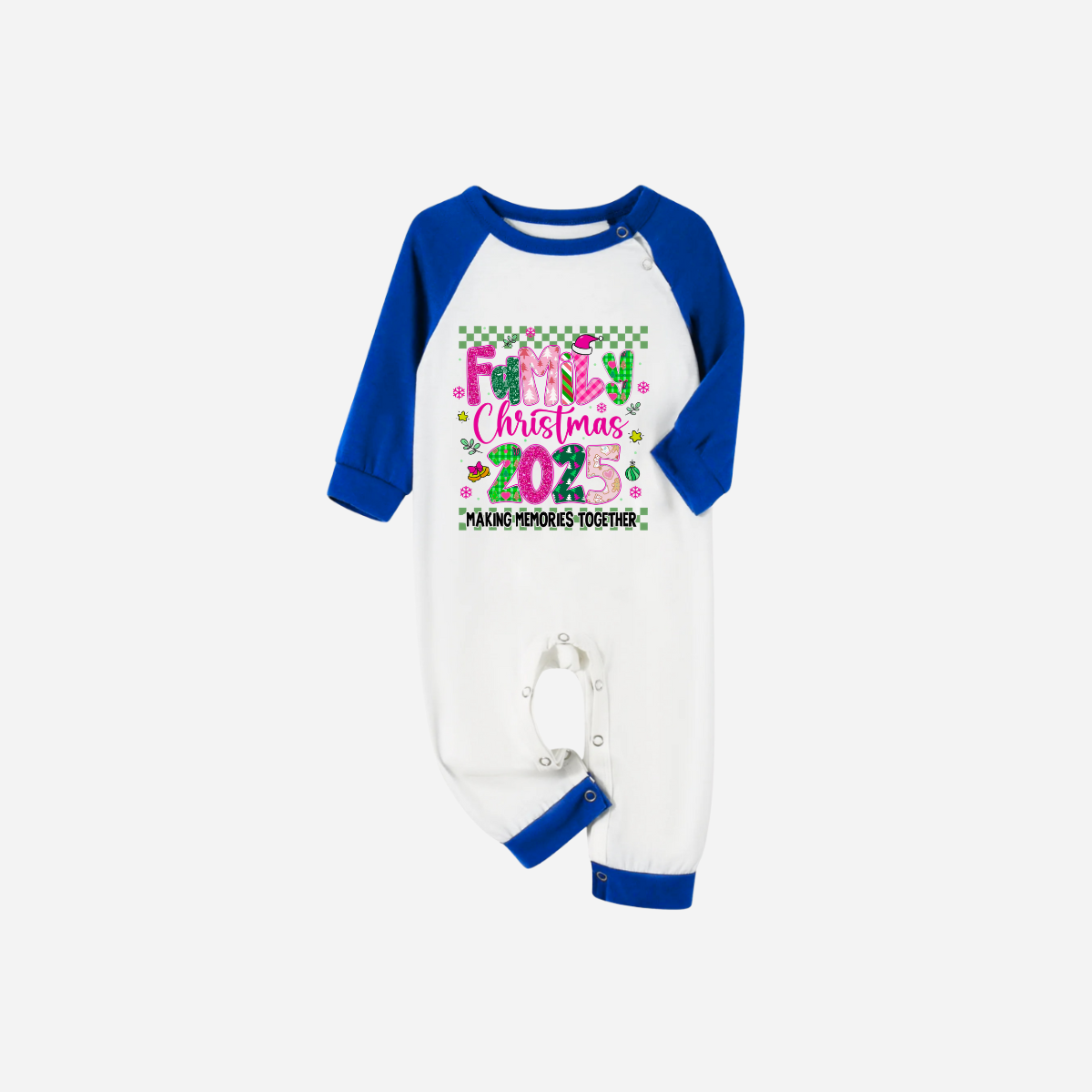 "Family Christmas 2025" Faux Glitter Blue and White Short Raglan Sleeves Christmas Pajamas Set