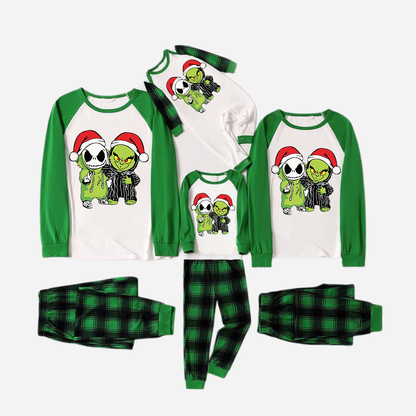 Green Raglan Top Green Plaid Christmas Pajamas Set With Grinch and Cartoon Pattern Print