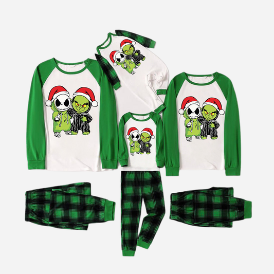 Green Raglan Top Green Plaid Christmas Pajamas Set With Grinch and Cartoon Pattern Print