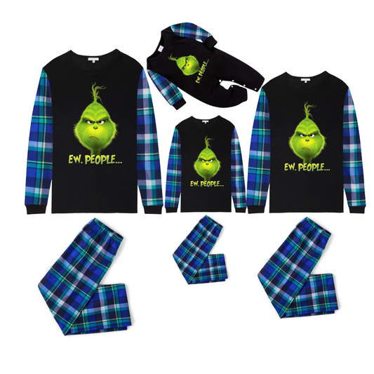 Grinch Ew, People.... Family Christmas Pajamas  Blue Plaid