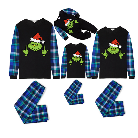 Grinch Santa Family Christmas Pajamas  Black Top with Blue Plaid Pants