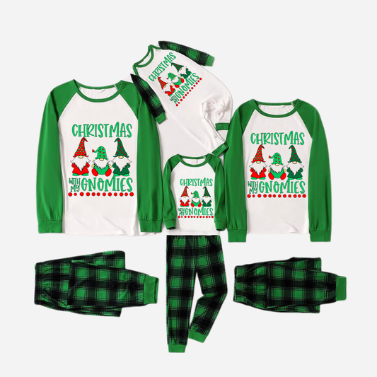 Green Raglan Top Green Plaid Christmas Pajamas Set With "Christmas With My Gnomies" Text Print