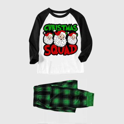 "Christmas Squad" and Santa Printed Green and Black Plaid Christmas Family Pajamas