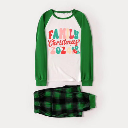 Christmas �� Family Christmas 2024�� Letter Print Patterned  Casual Long Sleeve Sweatshirts Green Contrast Tops and Black and Green Plaid Pants  Family Matching Raglan Long-sleeve Pajamas Sets With Dog Bandana