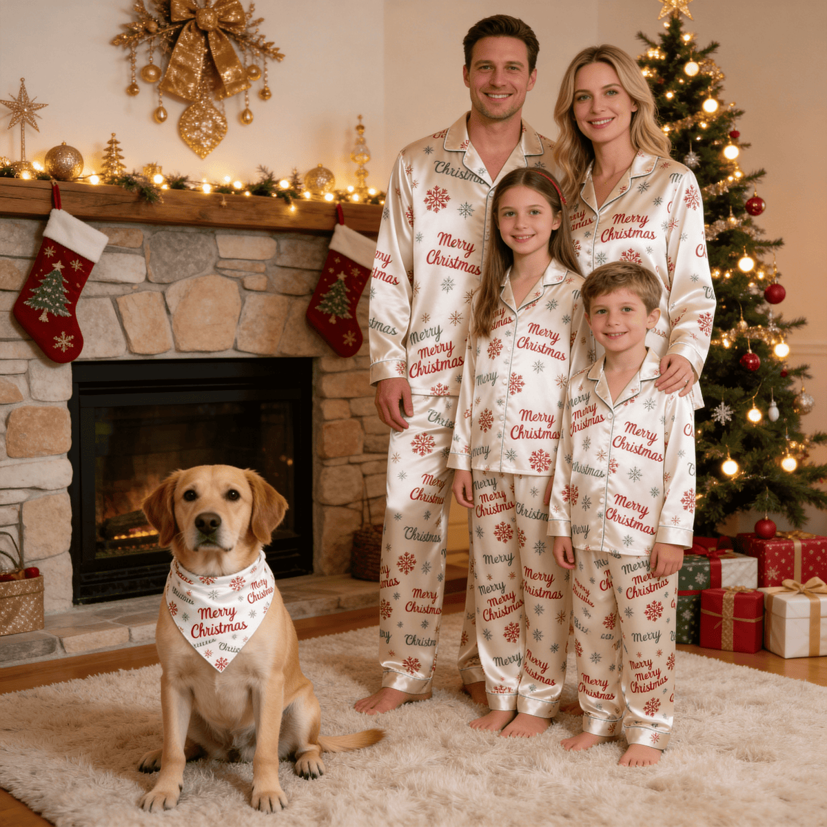 Merry Christmas Script & Snowflake Print Satin Button-Up Family Pajamas Set