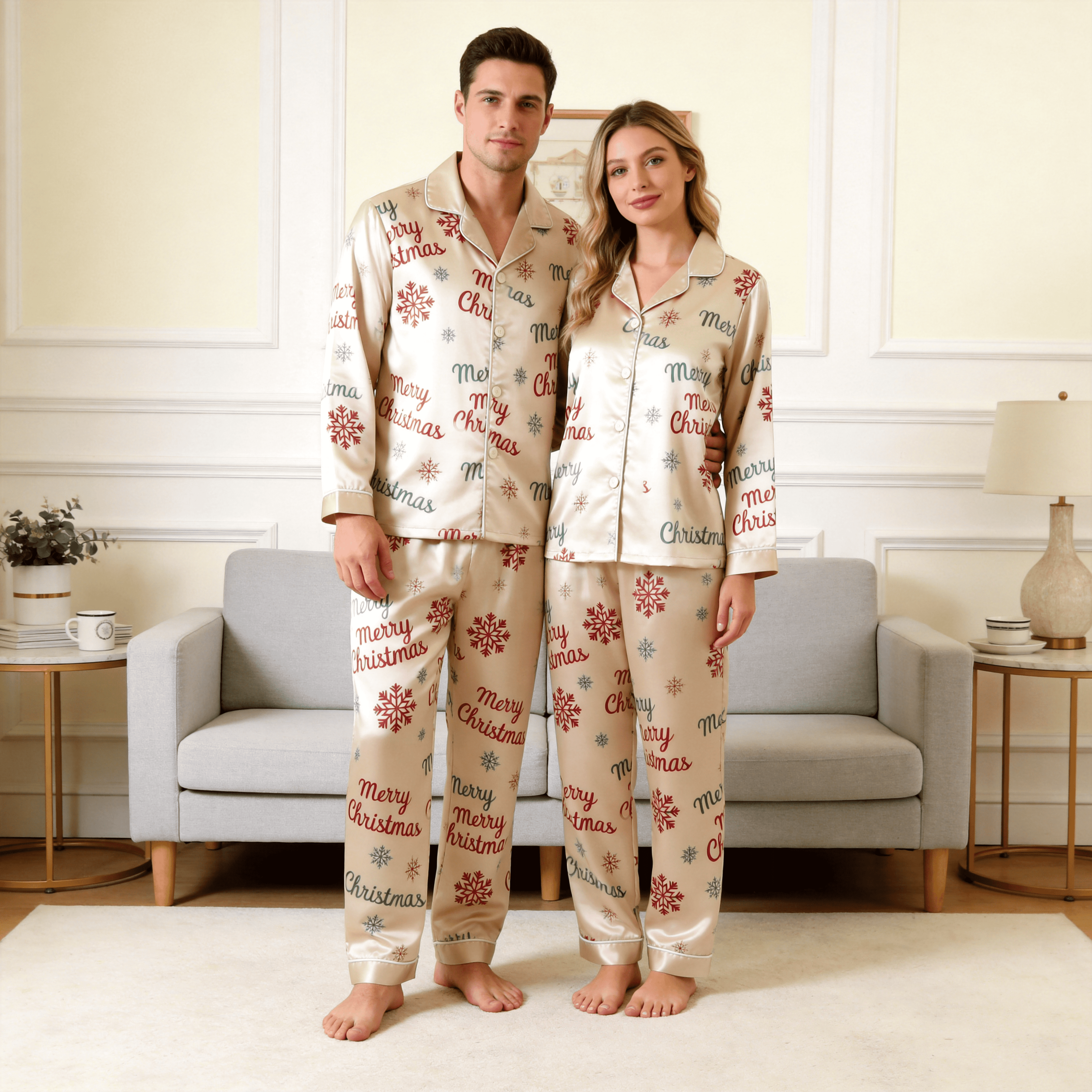 Merry Christmas Snowflake Satin Matching Pajamas for Couples – Long Sleeve Button-Down Top & Pants Sleepwear Set