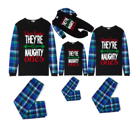 Blue Plaid Raglan Sleeve Black Top with Dear Santa They Are the Naughty Ones Printed Plaid Pants Family Matching Christmas Pajamas Sets