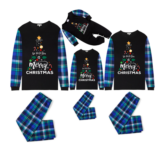 We Wish You a Merry Christmas Family Pajamas Set - Black Top / Blue Plaid Pants / Blue Plaid Sleeves