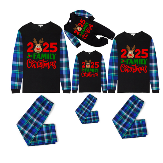 2025 Reindeer Family Christmas Family Pajamas Set - Black Top / Blue Plaid Pants / Blue Plaid Sleeves