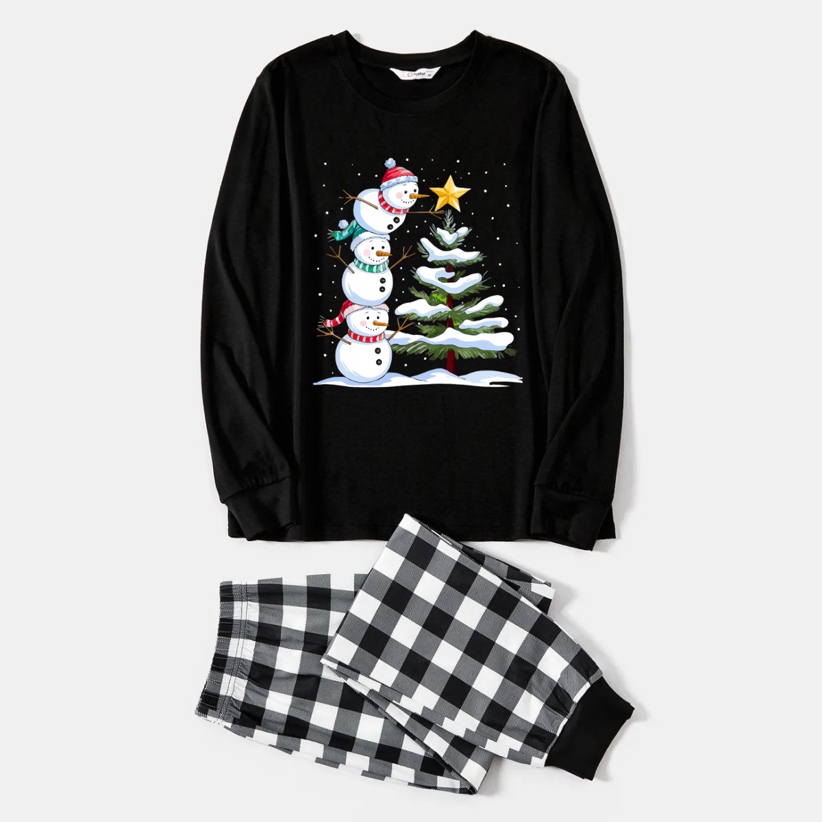 Black and White Plaid Christmas Pajamas Set with Snowman & Christmas Tree Print