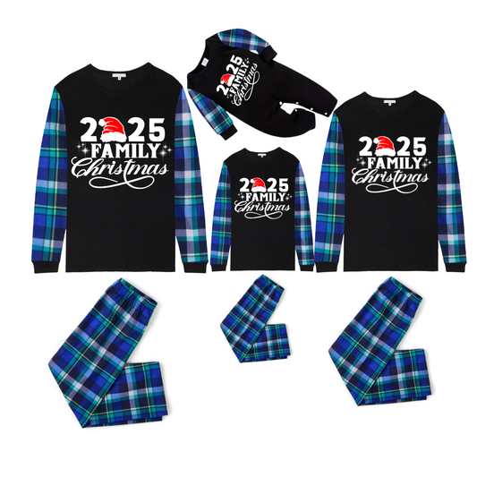 Christmas 2025 Family Matching Family Pajamas Set - Black Top, Blue Pants, Blue Plaid Pattern