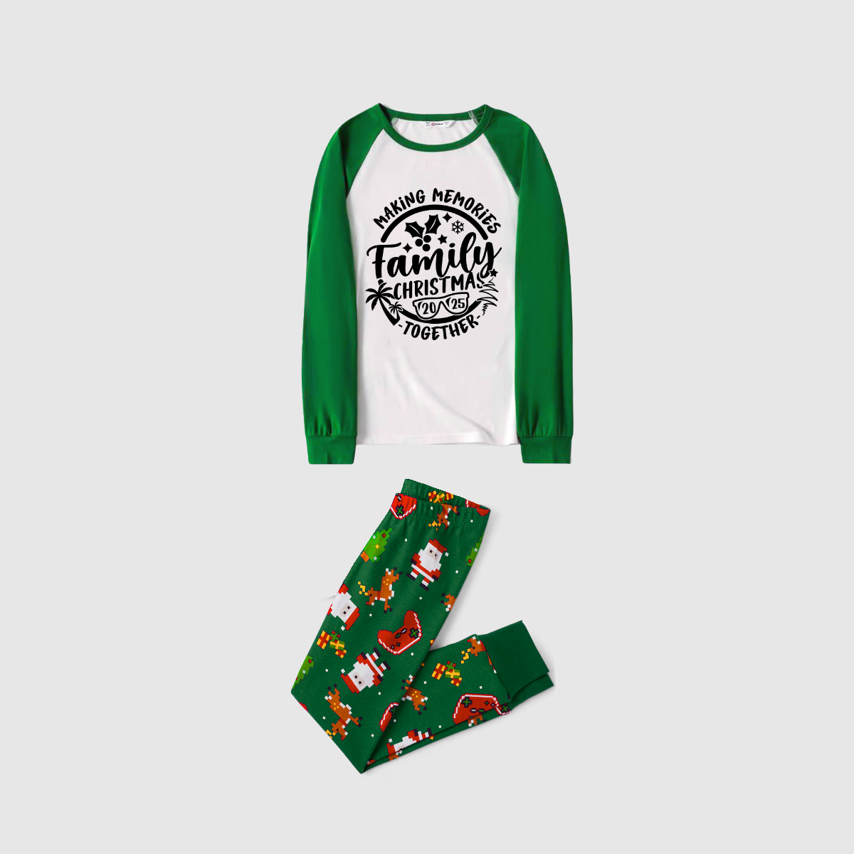 Making Memories Family Christmas Pajamas - White & Green Santa Print