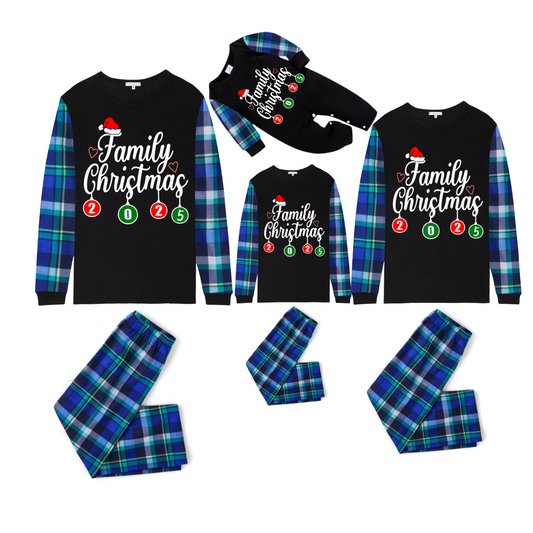 Family Christmas 2025 Pajamas Set - Black Top / Blue & Green Plaid Sleeves & Pants / Santa Hat Print