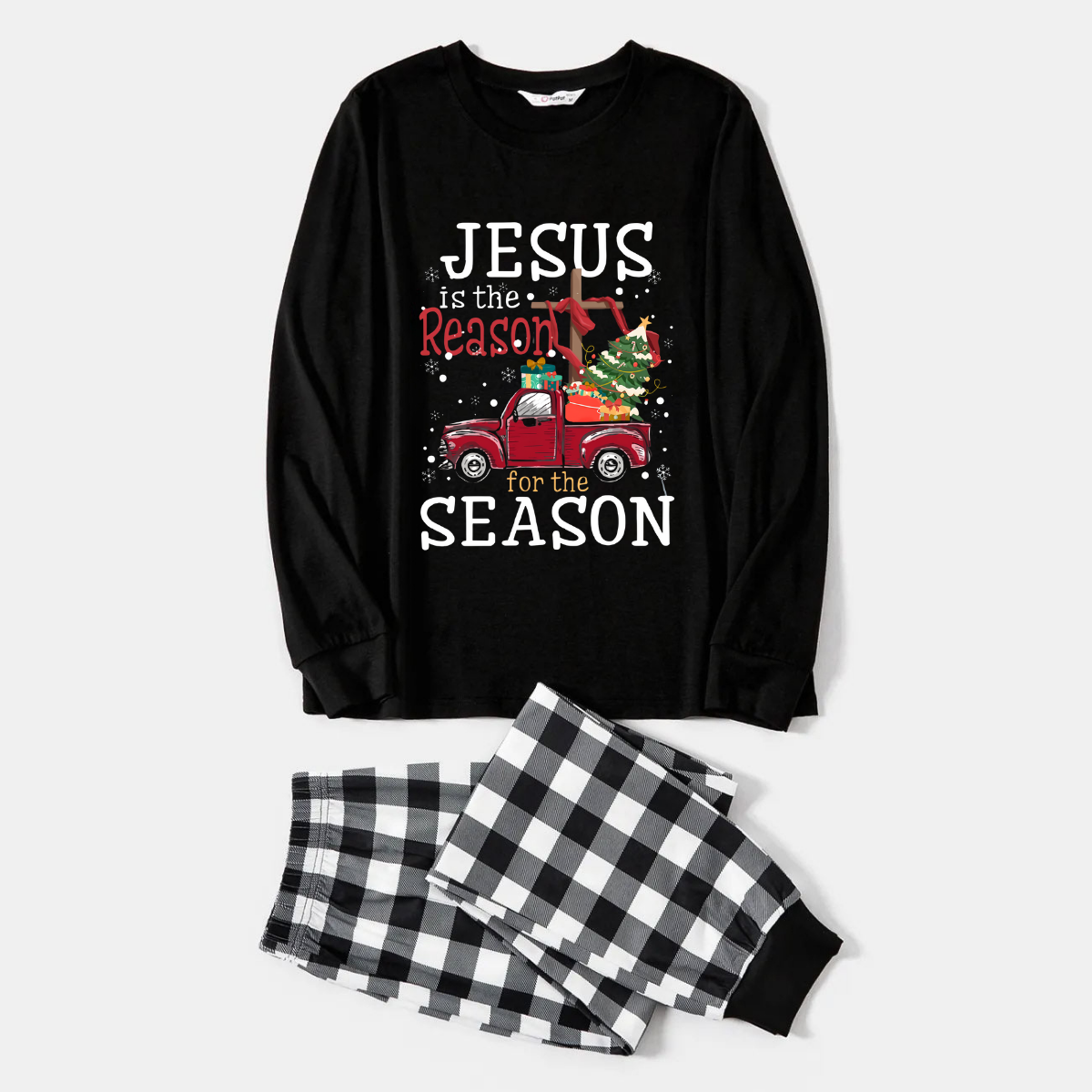 Black and White Plaid Christmas Pajamas Set With "Jesus is the Reason for the Season" Text Print