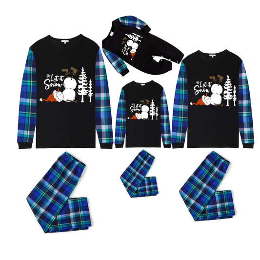 Let It Snow Family Christmas Pajamas - Black & Blue Plaid