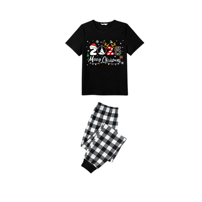 2025 Merry Christmas Family Pajamas Set - Black Top Black and White Plaid Pants White Text Graphic