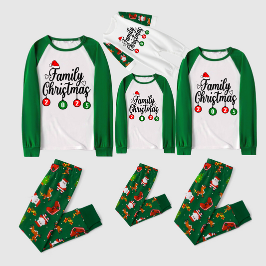 Christmas Family Matching Family Pajamas Set - White Top, Green Pants, Santa Print