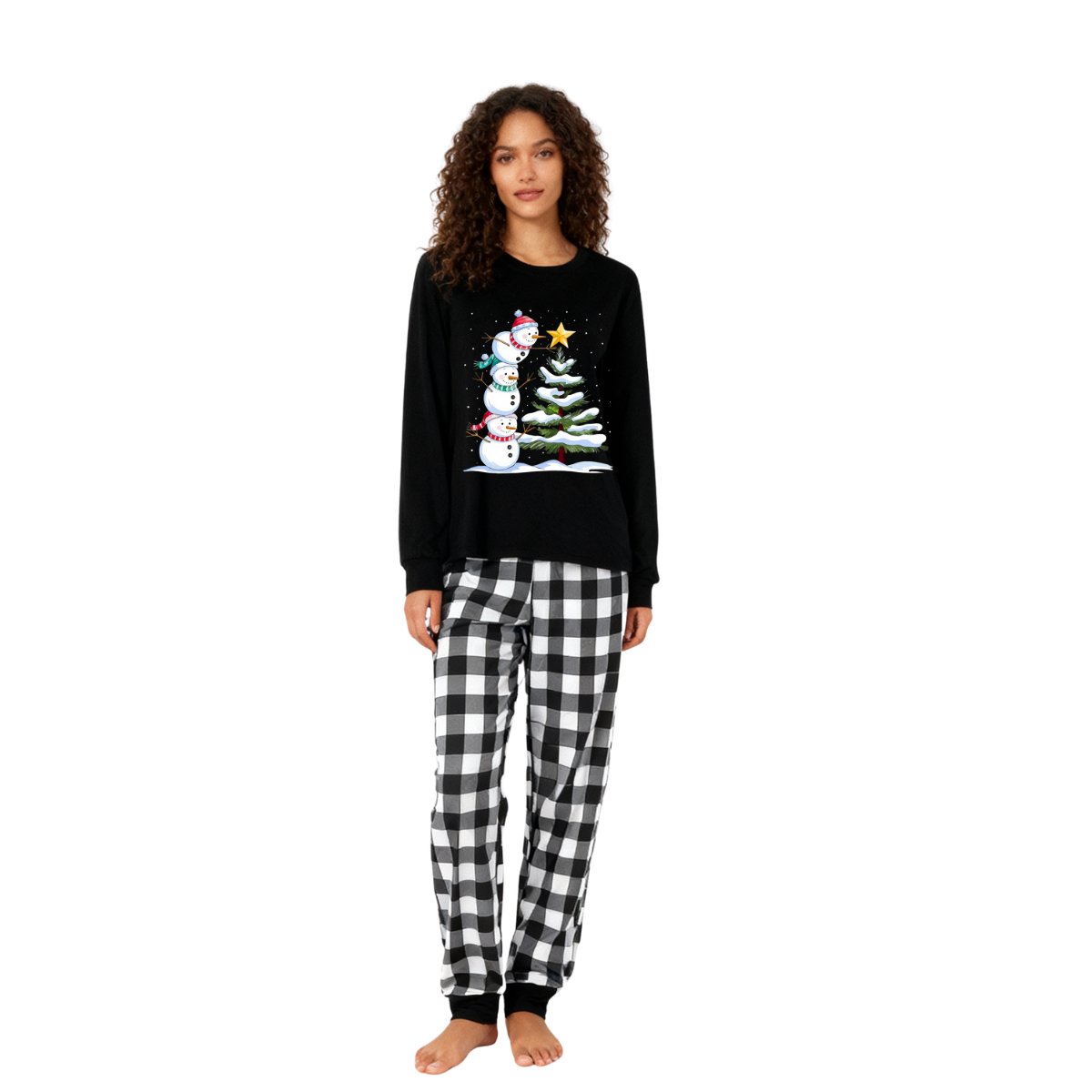 Black and White Plaid Christmas Pajamas Set with Snowman & Christmas Tree Print