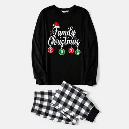 "Family Christmas" 2025 Black Long Sleeve Top with Black And White Plaid Pants Family Matching Pajamas