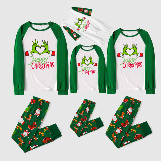 Merry Christmas 2025 Making Memories Family Pajamas Set - White Top, Green Pants, Green Christmas Cartoon Sleeves