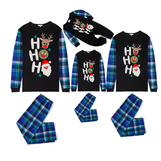 HO HO HO Christmas Pajama Set with Reindeer, Santa, and Gingerbread in Blue Plaid