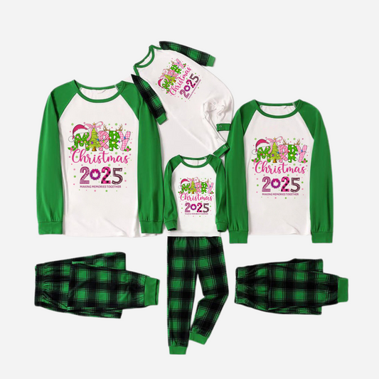 Merry Christmas 2025 Family Christmas Pajamas Set - White Top with Green Sleeves and Green Plaid Pants
