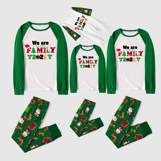 We Are Family 2025 Printed Green Contrast Sleeve Top And Pants Family Matching Christmas Pajamas Sets