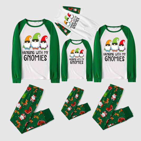 Hanging With My Gnomies Family Pajamas Set - White Top, Green Pants, Green Solid Sleeves, Santa & Cartoon Print
