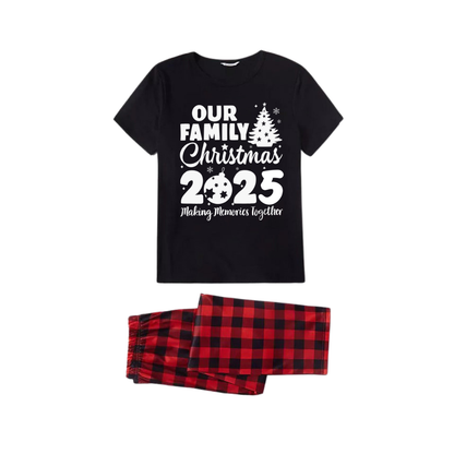 Our Family Christmas 2025 Family Pajamas Set - Black Top Red Pants Red Plaid Sleeves Christmas Tree Print