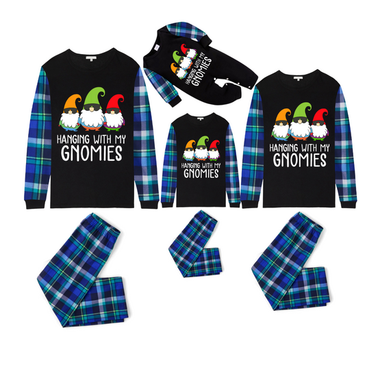 Hanging With My Gnomies Christmas 2025 Family Pajamas Set - Black Top, Blue Pants, Blue-Green Plaid Sleeves