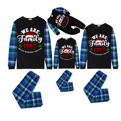2025 We Are Family Christmas Family Pajamas Set - Black Top / Blue Checkered Pants / Blue Checkered Sleeves
