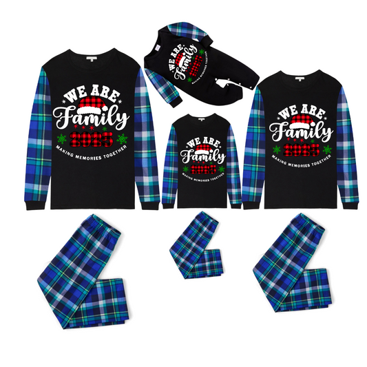 2025 We Are Family Christmas Family Pajamas Set - Black Top / Blue Checkered Pants / Blue Checkered Sleeves