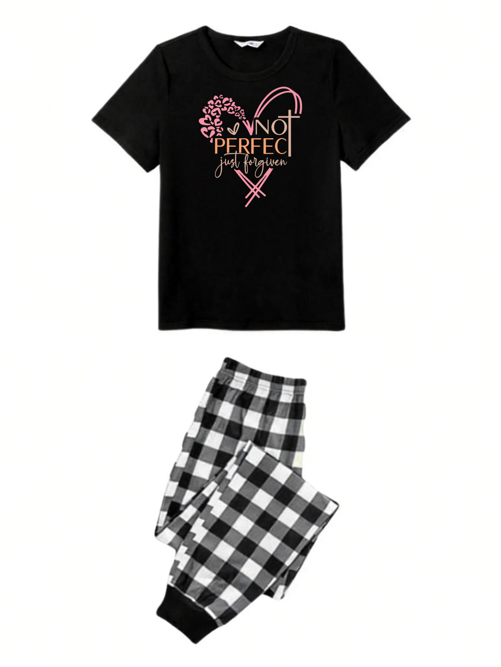 Black and White Plaid Short Sleeve Pajamas Set with Not Perfect Just Forgiven Text Printed