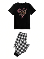 Black and White Plaid Short Sleeve Pajamas Set with Not Perfect Just Forgiven Text Printed