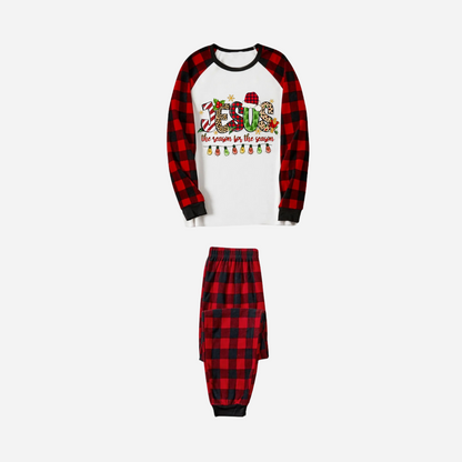 Jesus the Reason for the Season Family Christmas Pajamas Set - White Top with Red Plaid Sleeves and Pants
