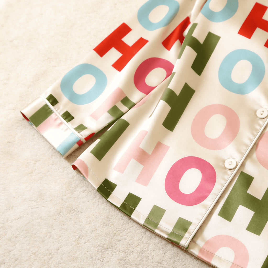 Colorful "HOHO" Letter Satin Matching Pajamas for Couples – Long Sleeve Button-Down Top & Pants Sleepwear Set