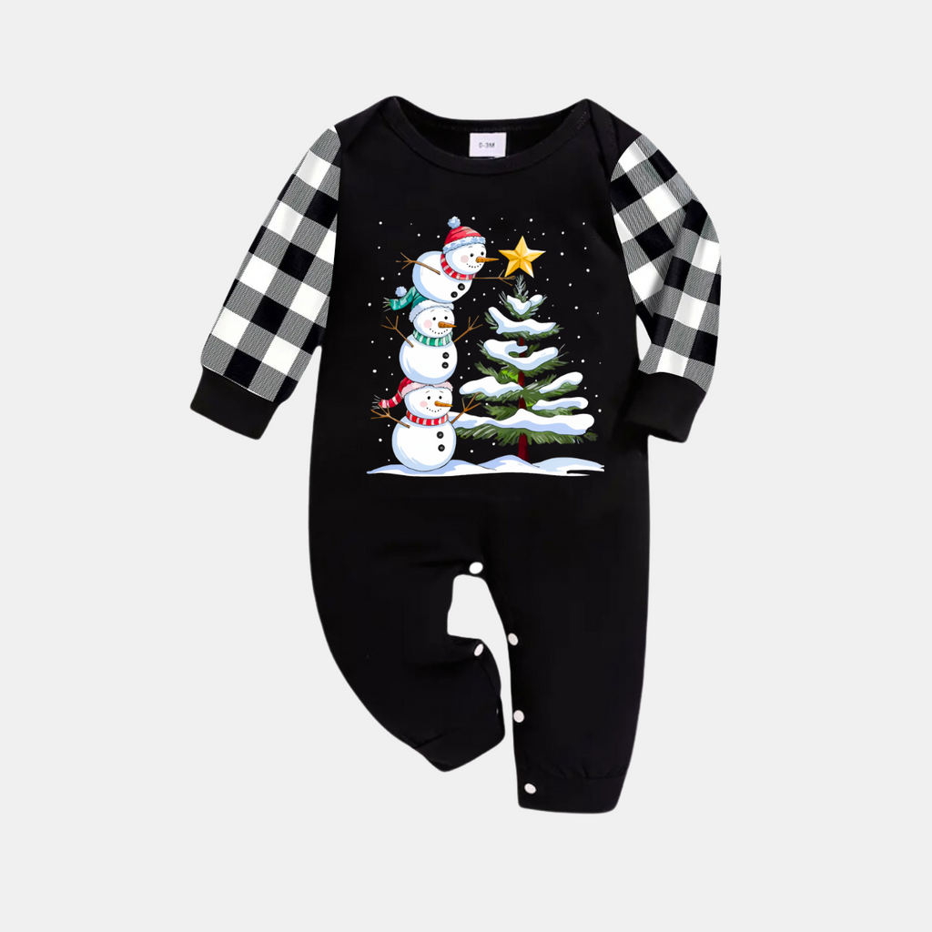 Black and White Plaid Christmas Pajamas Set with Snowman & Christmas Tree Print